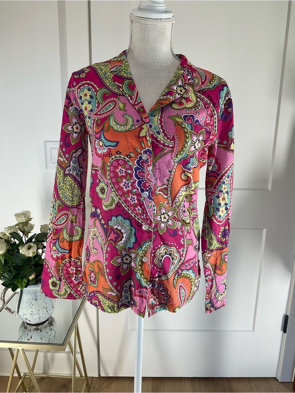 Vera Bradley Paisley Pajama Top Pink Multicolor XS Button Front Sleep Shirt